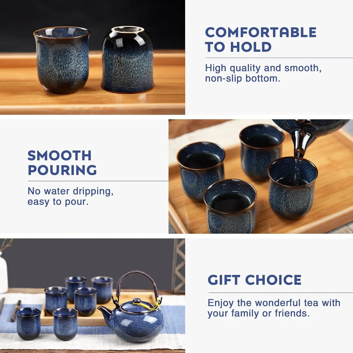Japanese Tea Set for 6, Kiln Altered Glaze Porcelain Tea Set with 1 Teapot, 6 Tea Cups & 1 Tea Tray, Unique Chinese Tea Set
