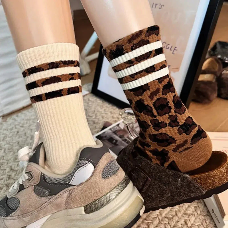 4 Pairs Women Leopard Socks Cotton Sports Y2k Student White Lolita Harajuku Girl Funny Socks