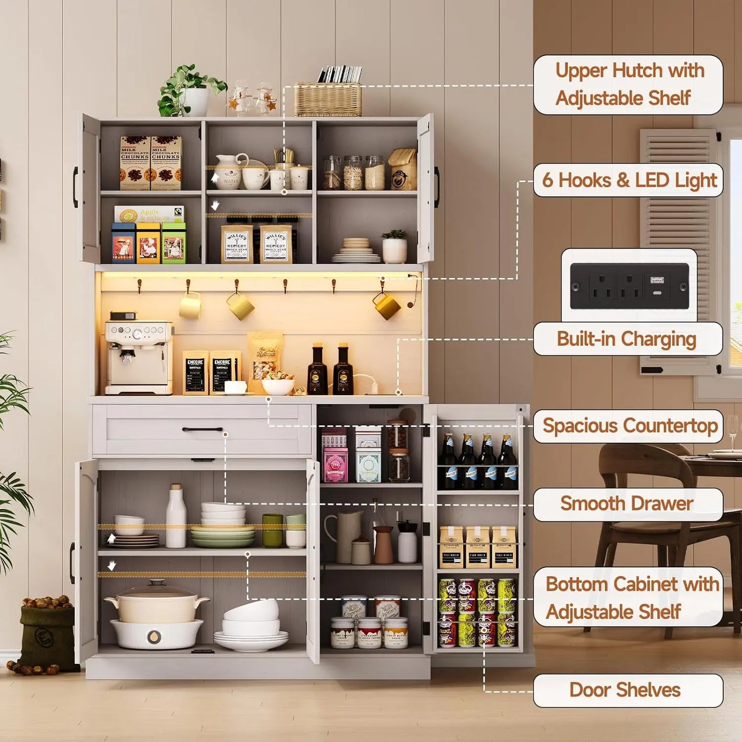 71" Kitchen Pantry Cabinet w/ LED Light & Outlet - Hutch w/Microwave Shelf, 6 Hooks, Door Storage, Drawer & Shelves.