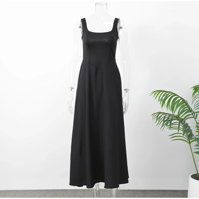 Solid Backless Spaghetti Strap Dress Women's Fashion Loose High Waist A-line Vestidos Summer Lady Holiday Street Robes 2025 New