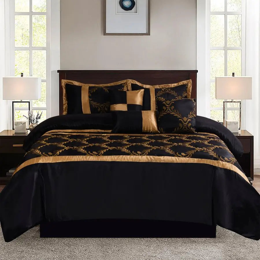 7 Piece Bed in A Bag Comforter Set, Queen Black and Gold Faux Silk Fabric Embroidered, Breathable and Wrinkle Resistant.