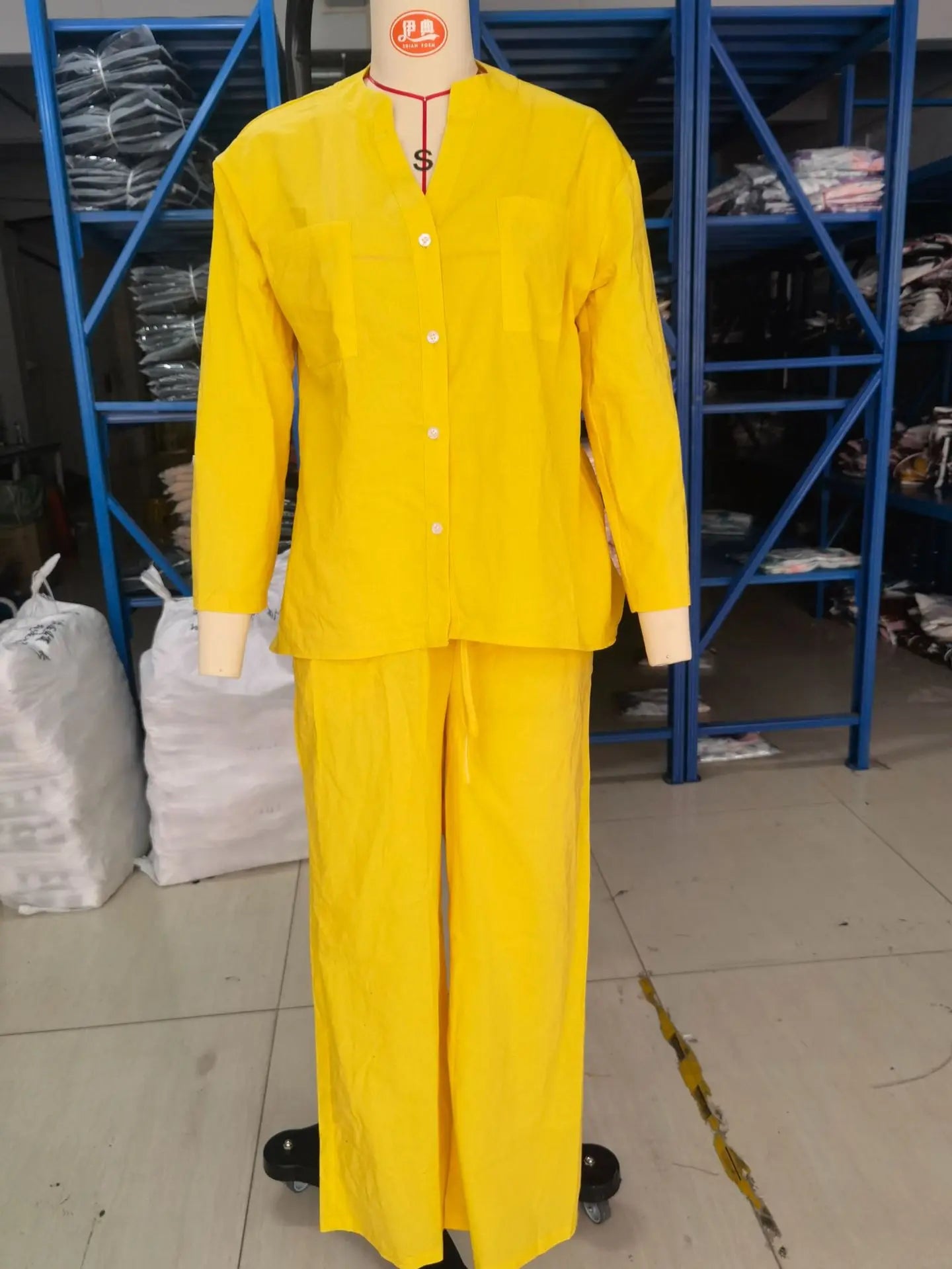 Autumn Cotton And Linen Pant Sets Women Fashion Long Sleeve Shirts Lace Up Pant Two Piece Set Casual Loose Wide Leg Pants Suit