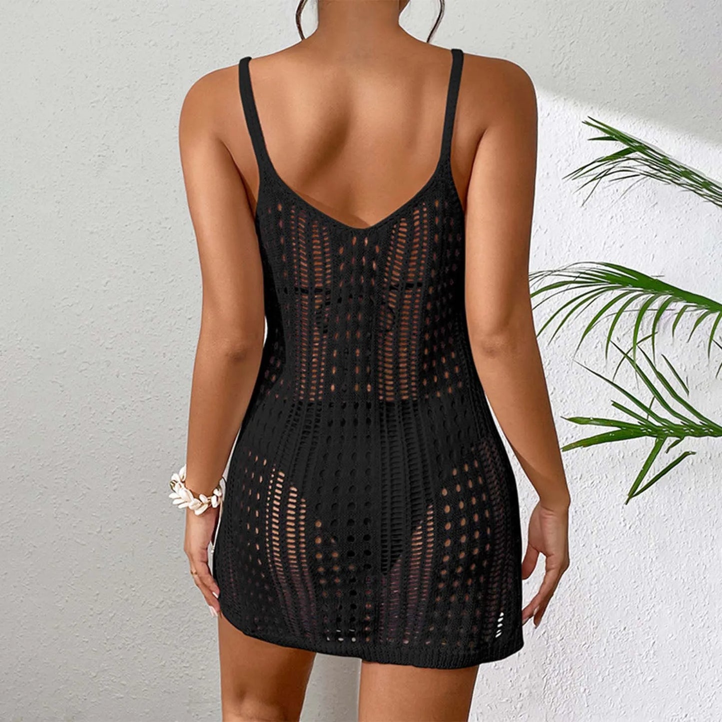 Women'S Sexy Sheer Knit Textured Crochet Overlay Spaghetti Strap Short Dress Beach Cover Women S Swim Cover Ups Halter Cover Up