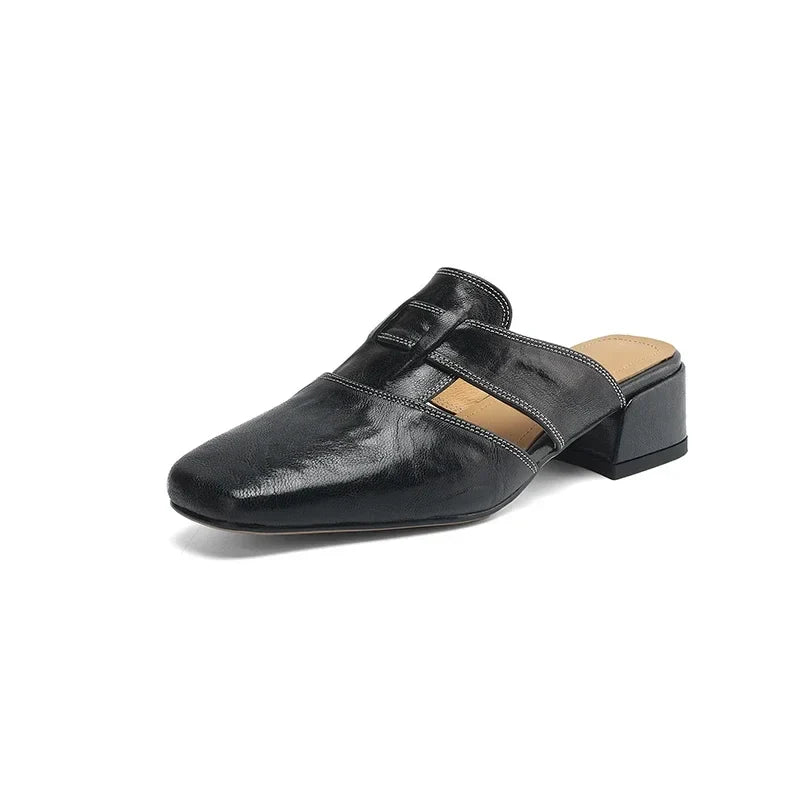 2026 Outside Summer Women Mules Genuine Leather Women Shoes Cover Toe Chunky Med Heel Slippers Concise Modern Slippers Sandals