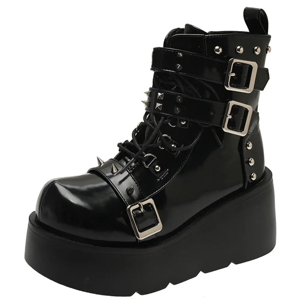Brand New Ladies Goth Platform Ankle Boots Fashion Buckle Zip Rivet Punk Wedges High Heels Womens Boots Party Street Woman Shoes