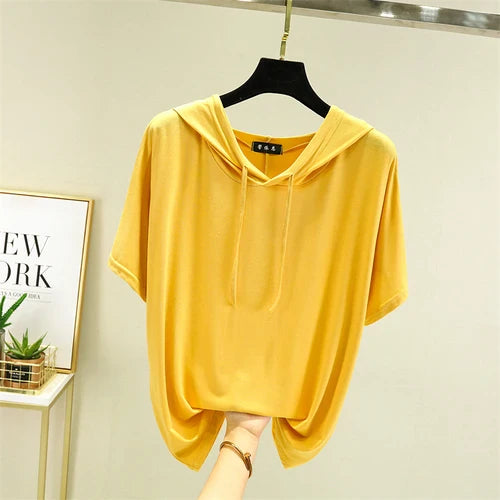 Thin T-shirts Women Hooded Fashion Loose Casual All-match Korean Style Solid Simple Y2k Aesthetic Футболка Женский Cozy Chic New