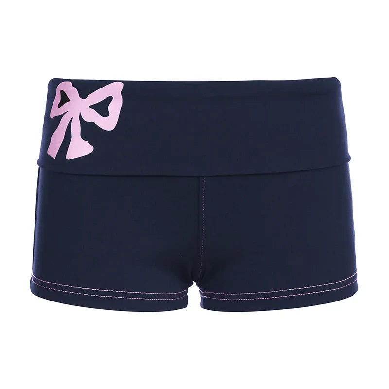 Low Waist Women Slim Short Pants Y2K Casual Bow Print Shorts Vintage Chic Aesthetic Elastic Waist Cute Bottoms