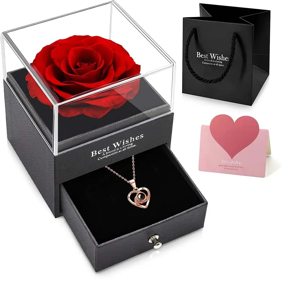 Preserved Red Rose with I Love You Necklace, for Women, Mom, Wife,Christmas Valentines Day Mothers Day Anniversary Birthday Gift