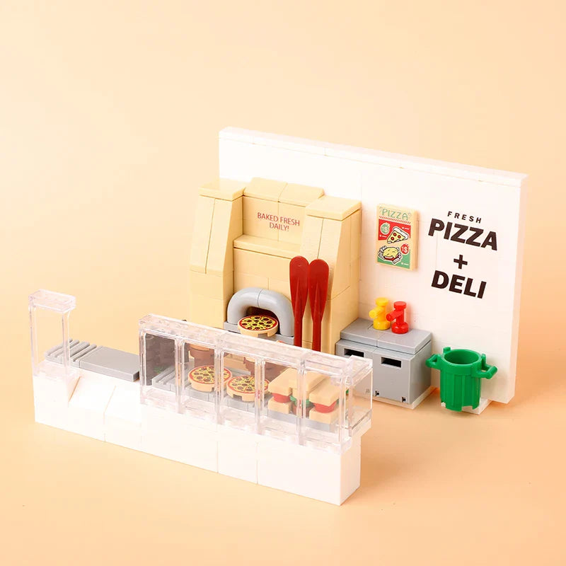 City Creative Coffee Shop Kitchen Dog Car Figures Building Blocks Gas Station Pizza Oven Food MOC Mini Model Bricks Kid Toy Gift
