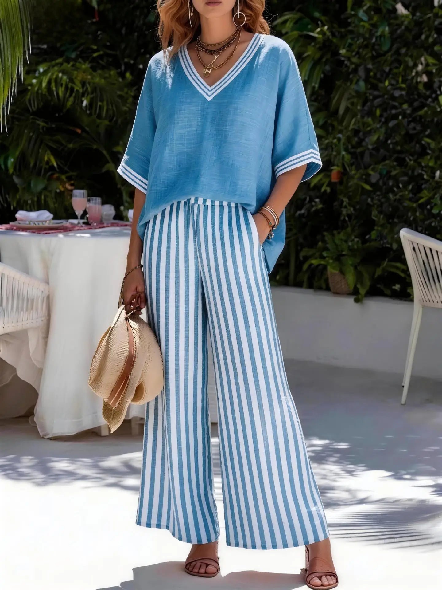 Women's Linen Two Piece Set Fashion V Neck Contrast Half Sleeve Loose Top High Waist Striped Wide Leg Pants Summer Casual Outfit