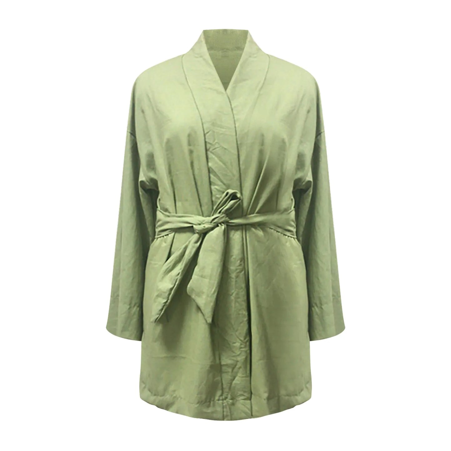 Women's Lace Up V-Neck Mini Dress 2025 New Cotton Linen Sashes Dresses Solid Long Sleeve Vestidos Loose Kimono Cardigan Dress