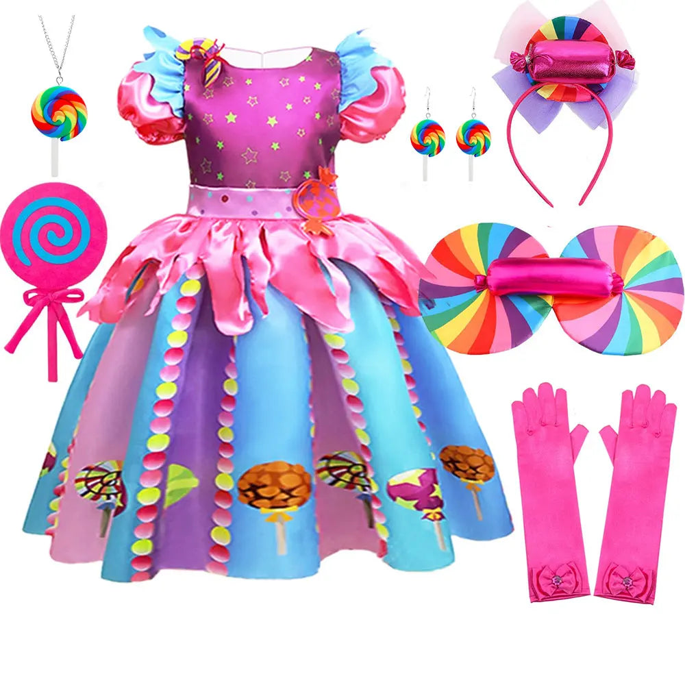 Delicate Princess Lollipop Fairy Costume Girls Halloween Candy Role Play Dress up Kid Carnival Purim Party Cute Vestidos Rainbow