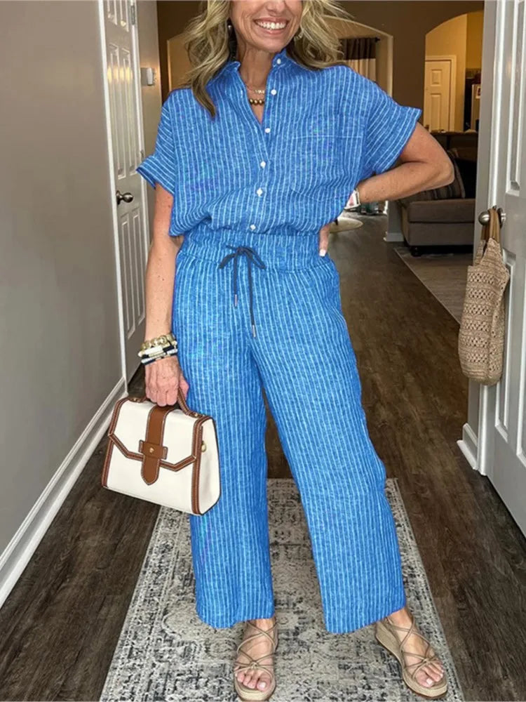 Classic Spring Autumn Cotton Linen Striped Printed Short Sleeve Shirt 2 Piece Set Retro Casual Loose Waist Trousers Women's Suit