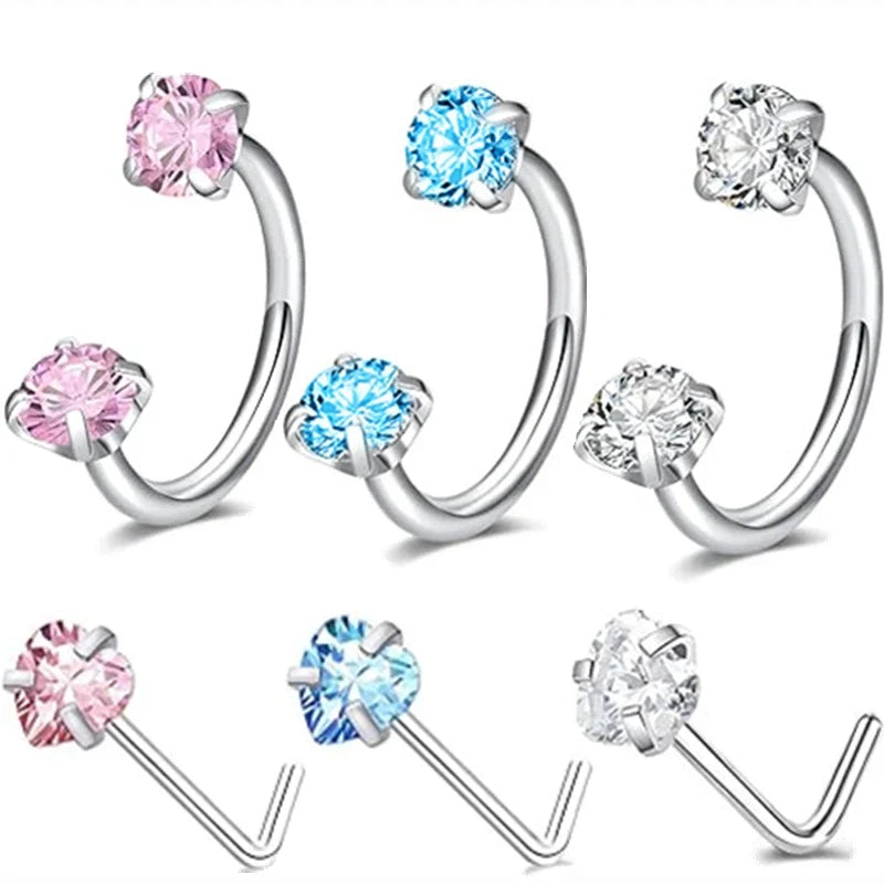 6/2pcs Horseshoe Nose Rings with L-Shape Nose Stud, Stainless Steel