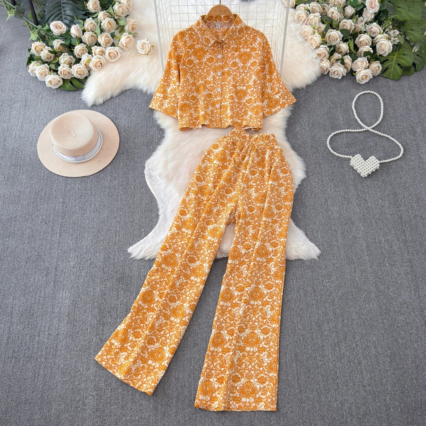 Beach Style Fashion Printed Women Pant Sets 2pcs Short Chiffon Shirts+Wide Leg Pants 2025 New Summer Casual Loose Female Suits
