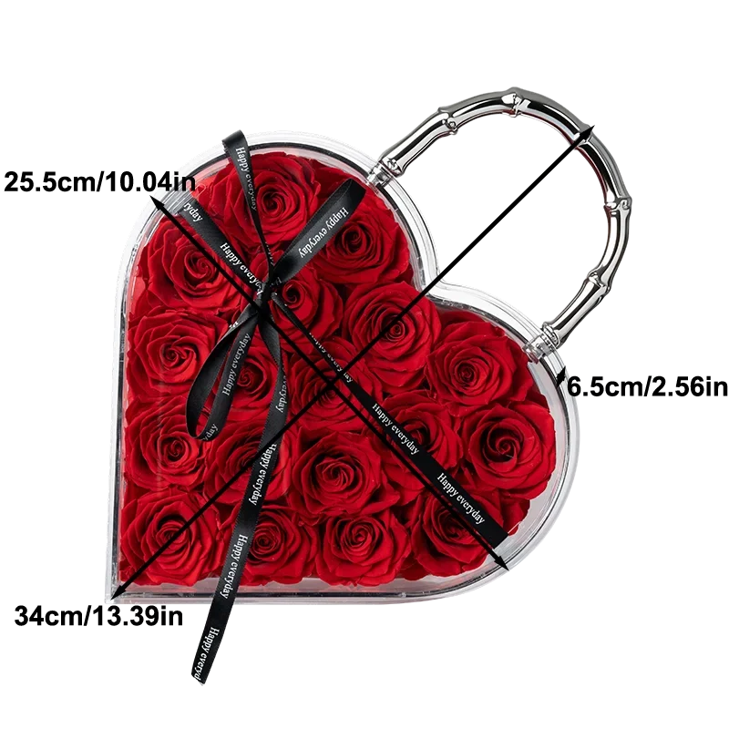 18 Preserved Roses in Heart Acrylic Display Case with Handle, Home Decor & Holiday Gift for Women, Anniversary, Valentine’s Day