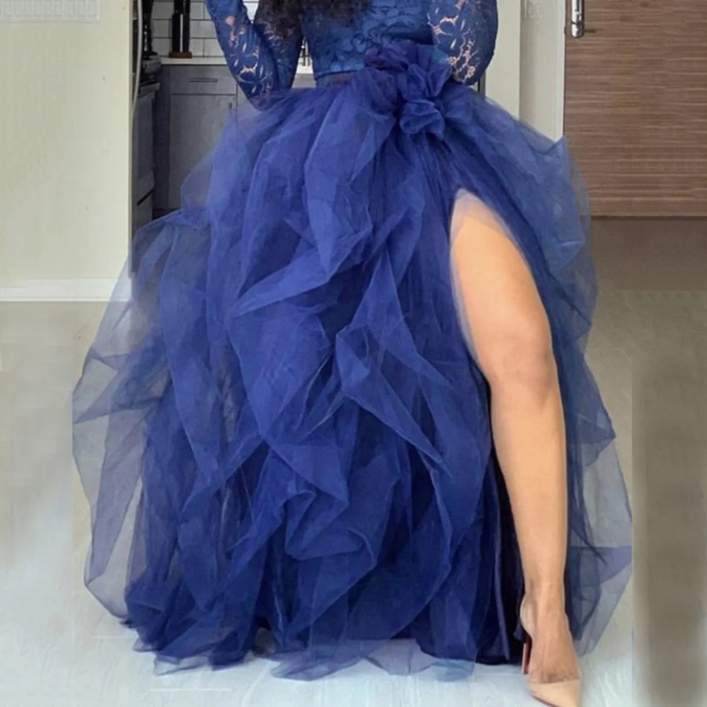 Carnival Tulle Skirts Elastic Waist Layered Puffy Skirt Princess Petticoat High Slit Party Wedding Mesh Tutu Long Skirt Faldas