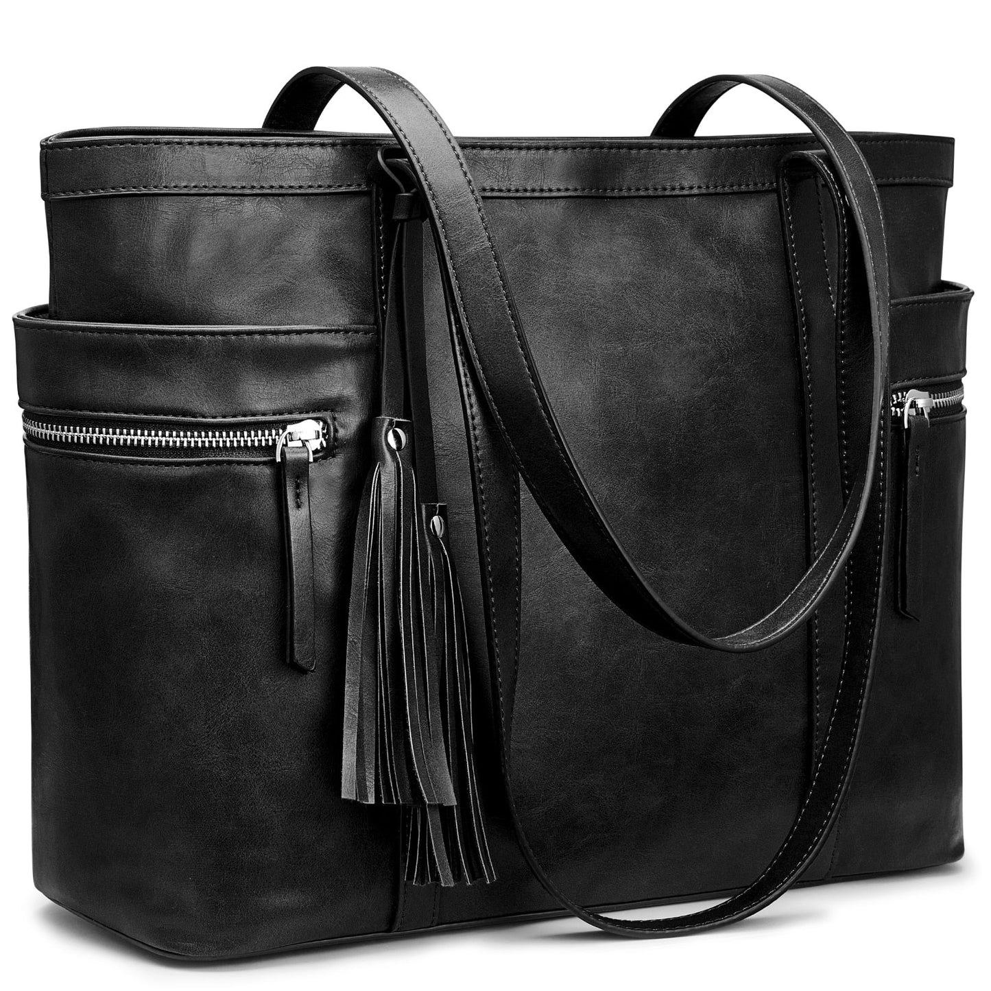 S-ZONE Women Leather Tote Multi-Pocket Large Shoulder Bag Ladies Work Handbag Purse with Tassel