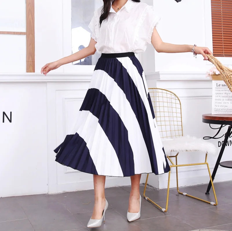 2023 Summer Women Cartoon Print Pleated Skirts A Line High Waisted Elastic Midi Long Skirt Ladies Party Korean Style Dresses
