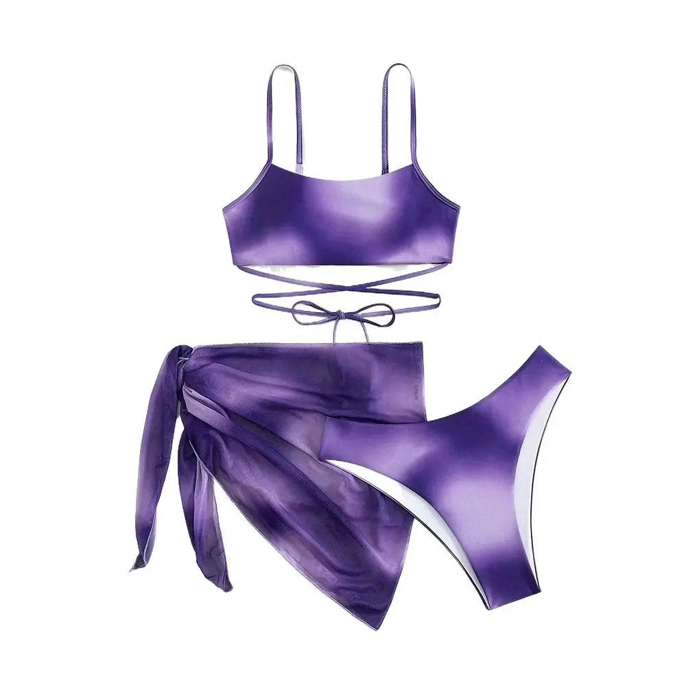 Women's 3 Piece Gradient Tie Dye Bathing Suit Lace Up High Cut Bikini with Beach Skirt