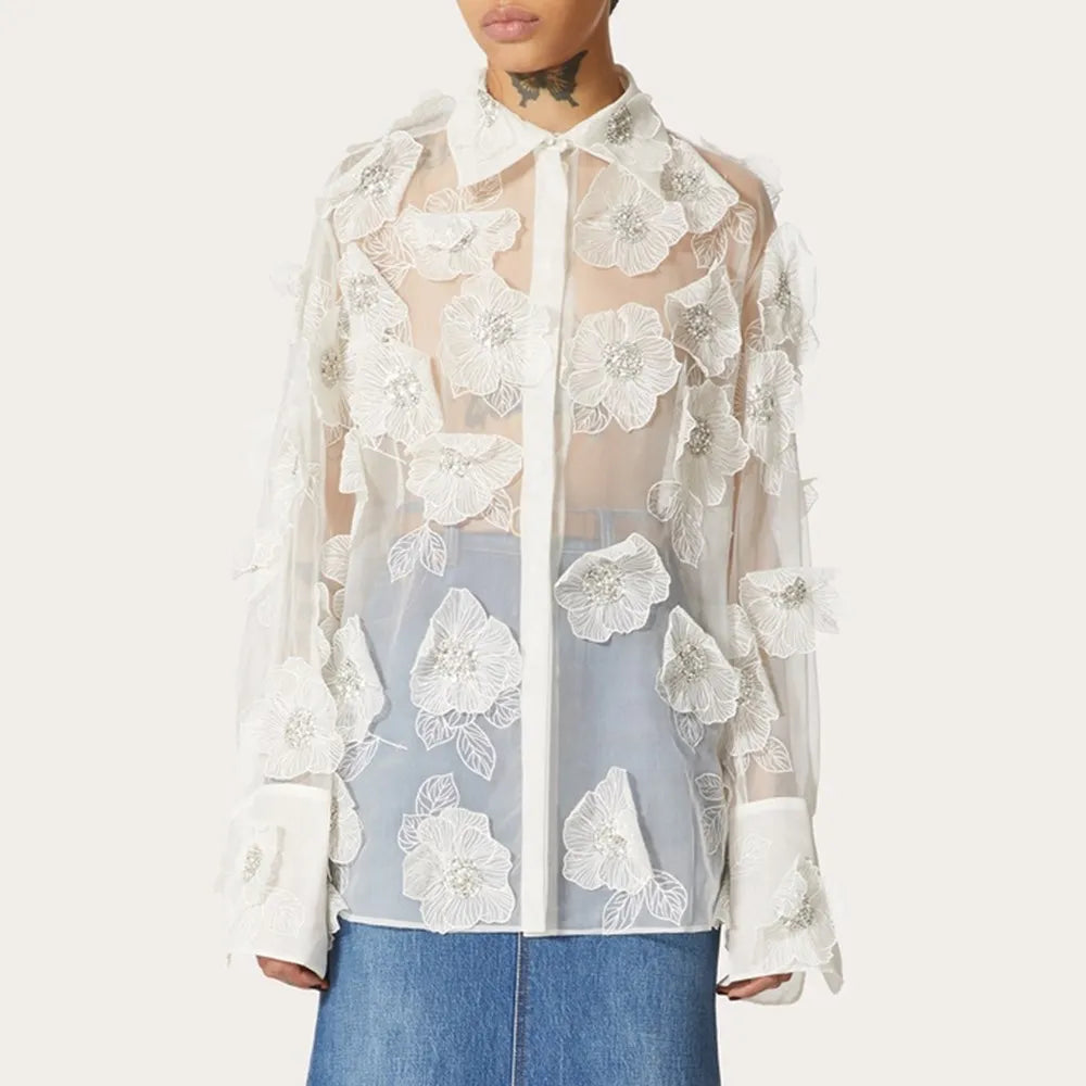 TWOTWINSTYLE Elegant Spliced Appliques Shirt For Women Lapel Long Sleeve Patchwork Single Breasted Vintage Blouse Female Clothes