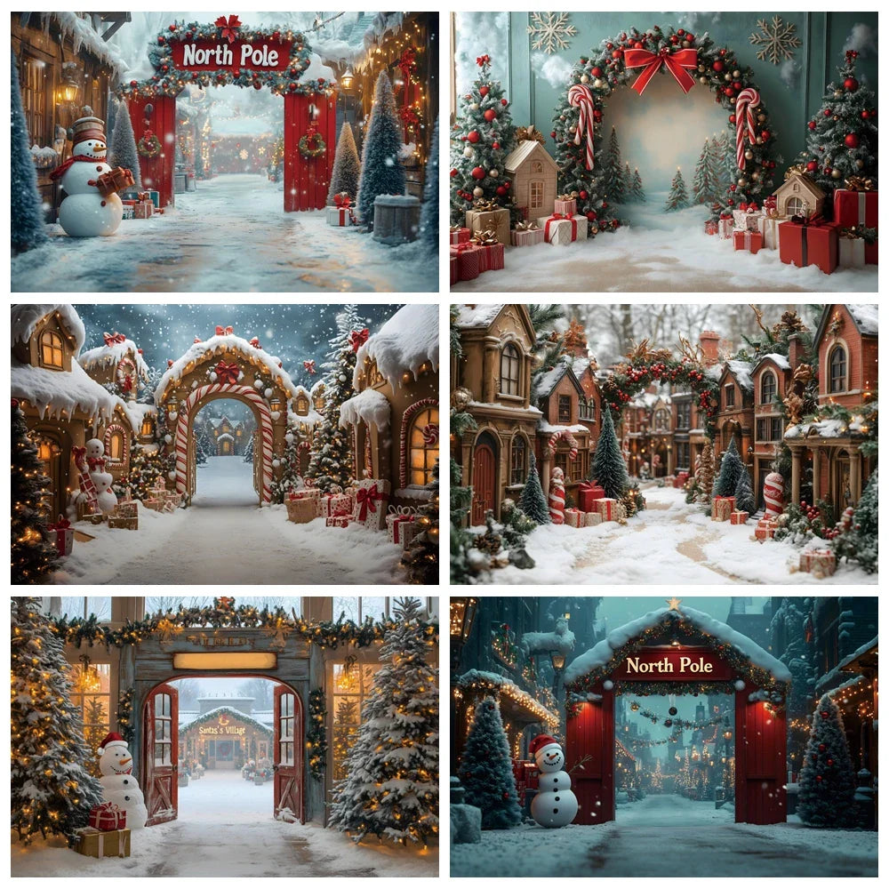 North Pole Christmas Backdrop Winter Village Town Xmas Tree Snowman Photography Background Family Xmas Eve Party Decor Banner