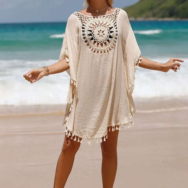 Women Casual Bohemian Holiday Outfits Beachwear Bikini Cover Up Summer Solid Color Hollow Out Beach Dress