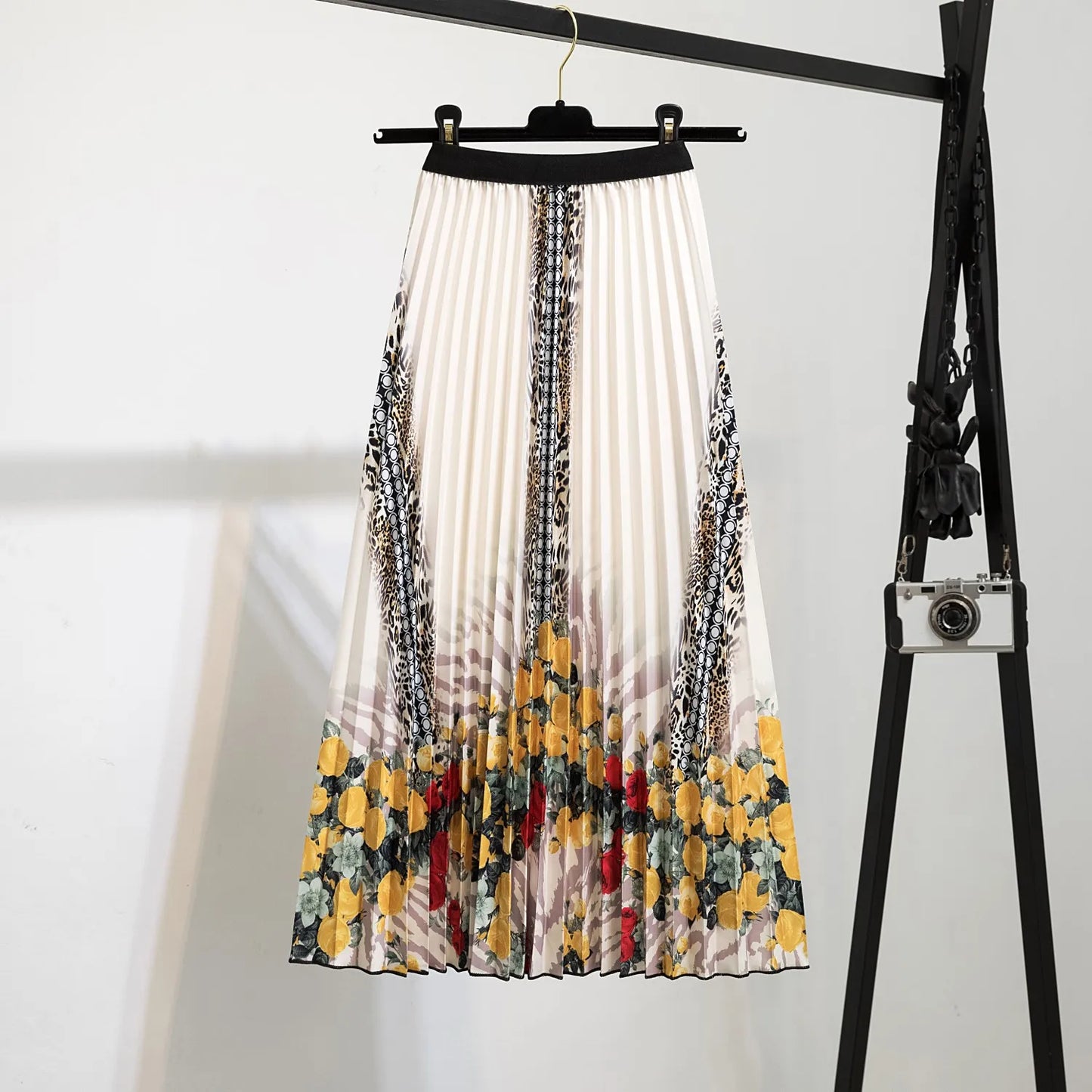 2023 Summer Women Cartoon Print Pleated Skirts A Line High Waisted Elastic Midi Long Skirt Ladies Party Korean Style Dresses