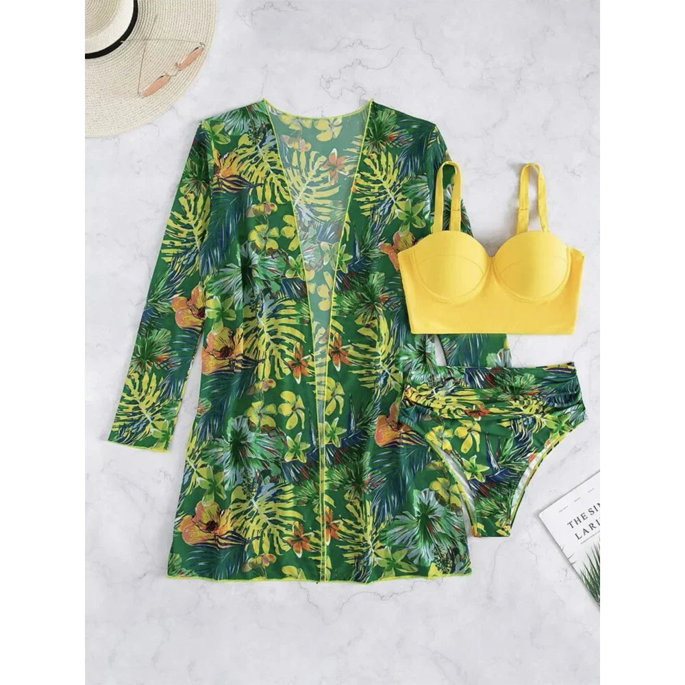 Three Pieces Bikini Set Cover Up Women New Push Up Twist Swimsuit Print Long Sleeve Swimwear Biquini Bathing Suit Summer