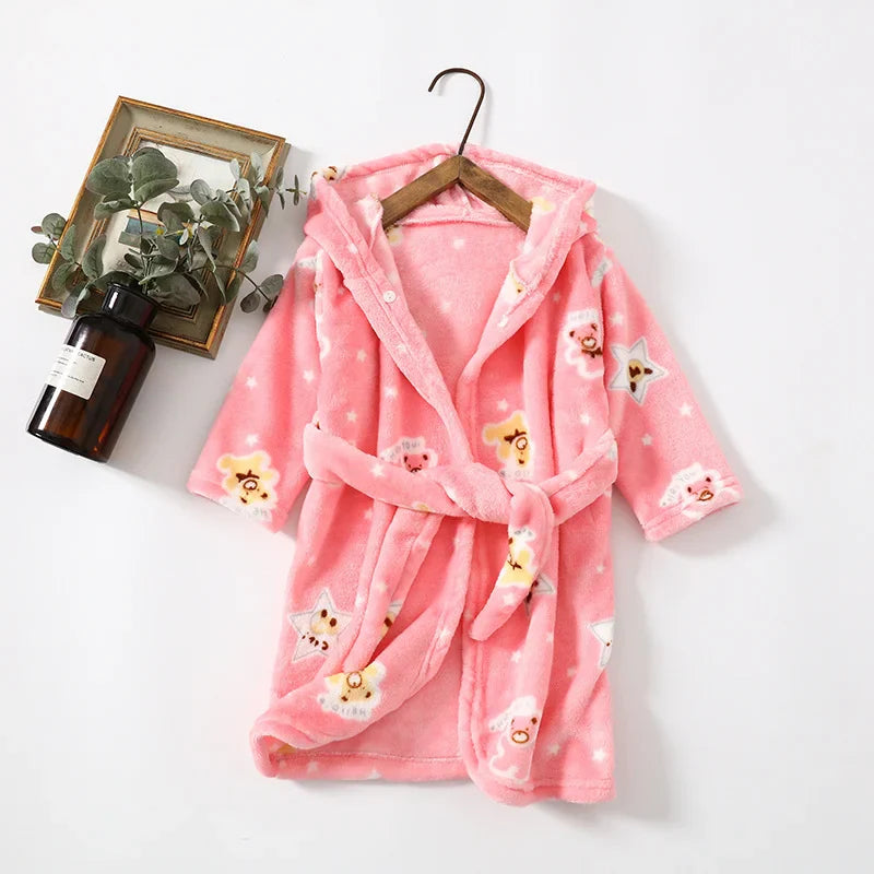 Winter Children Flannel Bath Robe Baby Cartoon Printed Hooded Bathrobe Baby Boy Girl Pajamas Kids Sleepwear Robe Nightgown