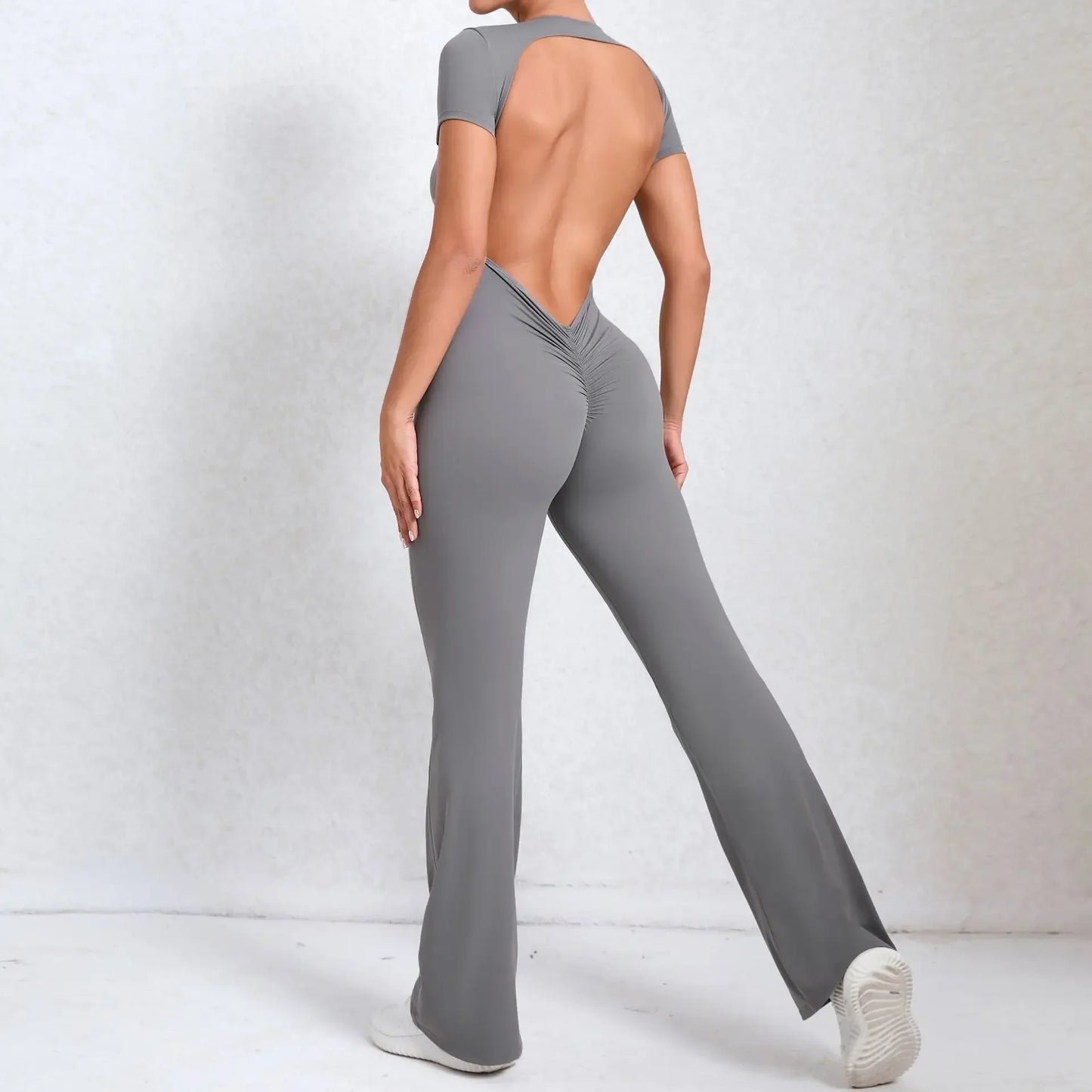 Seamless Yoga Jumpsuits Sports Fitness Hip-lifting Backless Short-Sleeved Nude Feel Horn Leggings One-Piece Tracksuits for Women