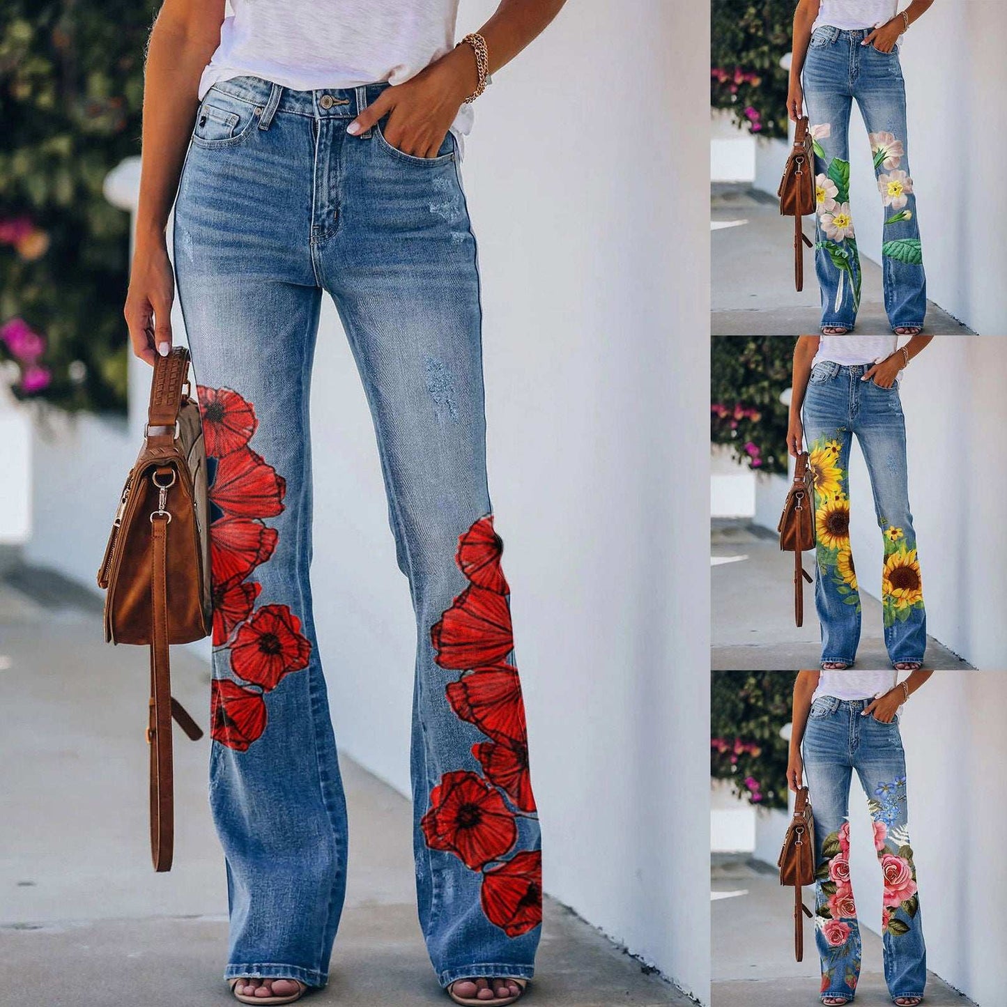 Y2K Ladies Retro Flared Pants Baggy Jeans Women Floral Printed Slim-Fit Denim Trousers Pantalones Streetwear джинсы женский