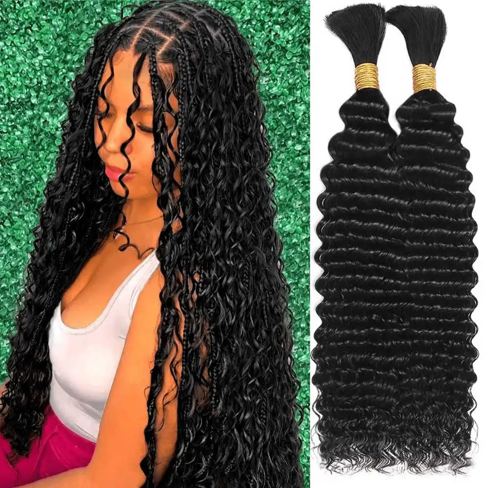 2 Bundles Human Braiding Hair for Boho Braids, 14Inch 100G 10A Brazilian Virgin Deep Wave Bulk Human Hair for Braiding.