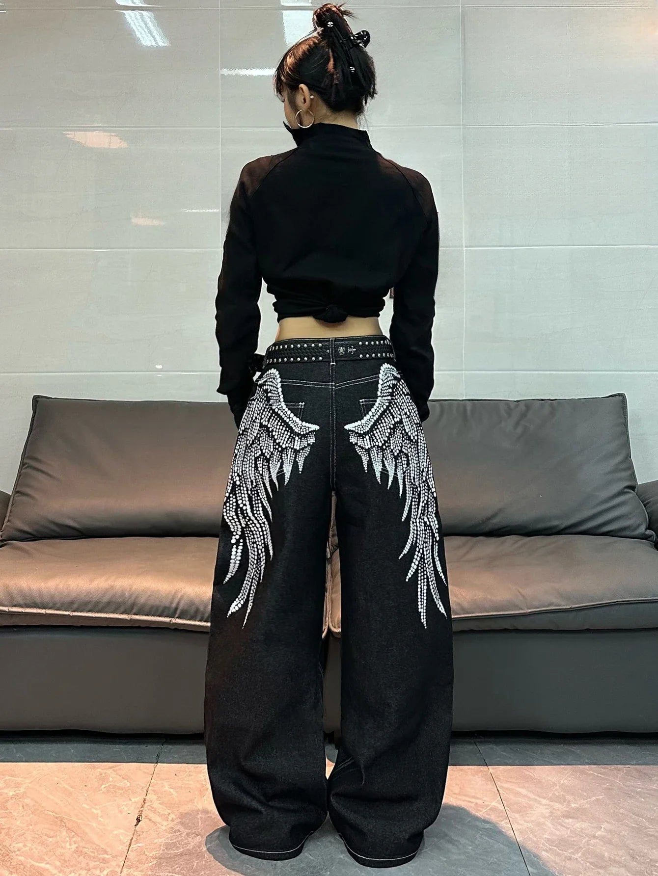 American Retro Angel Wings Print Black Women's Loose Wide-Leg Jeans Y2K Street Hip-Hop Trend Versatile Straight Trousers