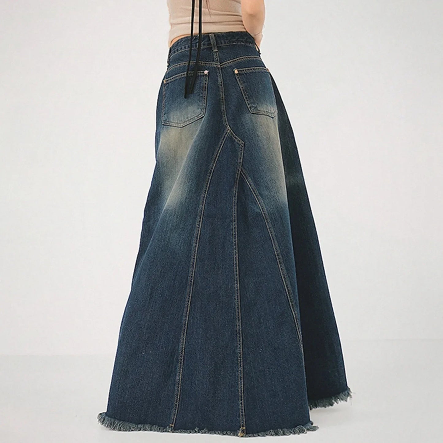 Vintage Denim Skirts For Women High Waisted Distressed Washable Blue A Line Dress High Street Style Fringe Hem Long Half Skirts