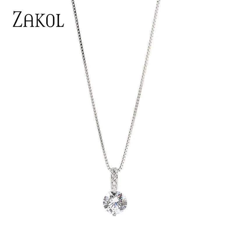 ZAKOL Simple Round Zirconia Pendant Necklaces for Women Shiny Crystal Fashion Party Dress Jewelry