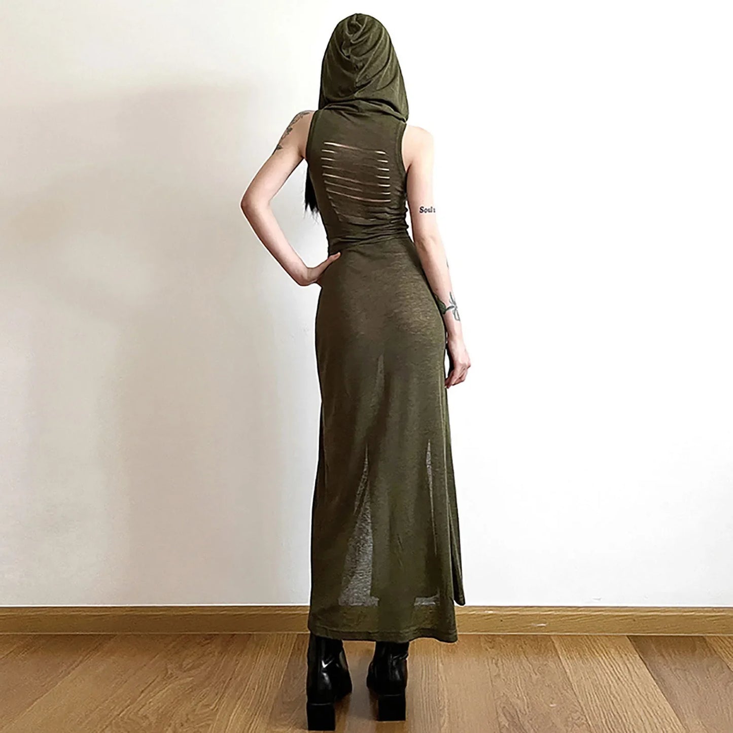 Women's Summer Fashion Dresses Personality New Hooded Loose Solid Color High Split Sexy Bandage Dress Goth Cosplay Sundresses