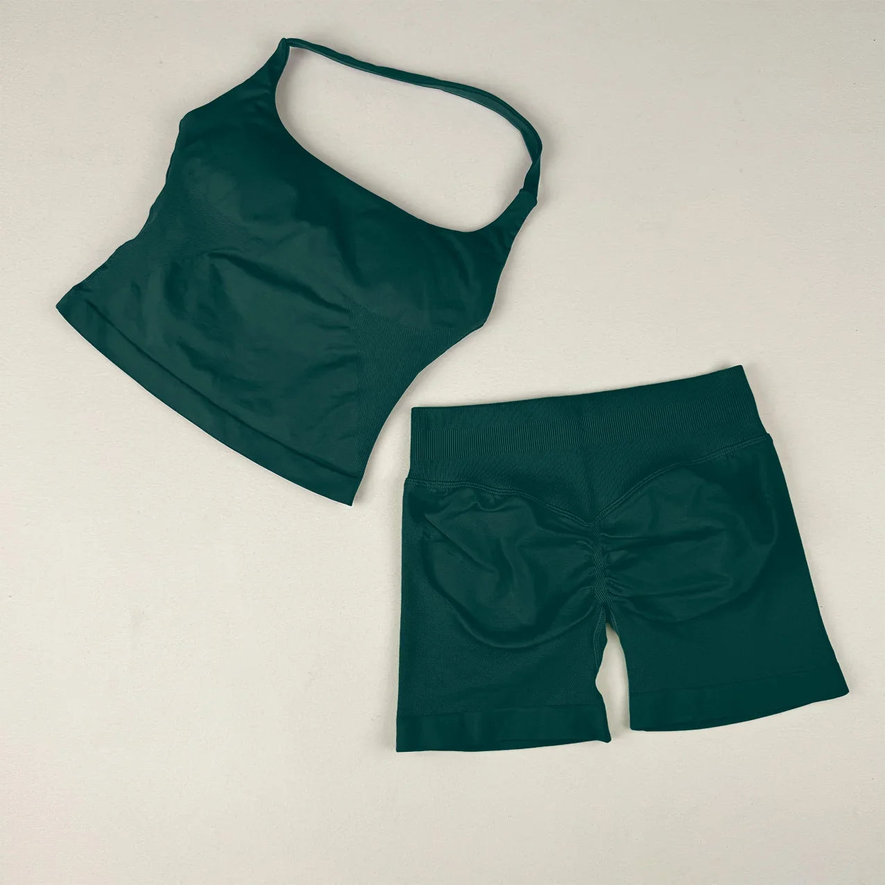 VEQKING Seamless 2pcs Women Yoga Sets Open Back Longline Sports Halter Bras Running Tank Tops Scrunch Butt Gym Workourt Shorts