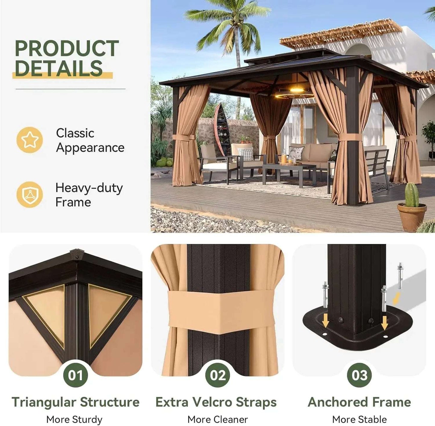 12'x14' Hardtop Gazebo, Aluminum Frame Permanent Pavilion with Curtains and Netting, Designed for Garden, Brown