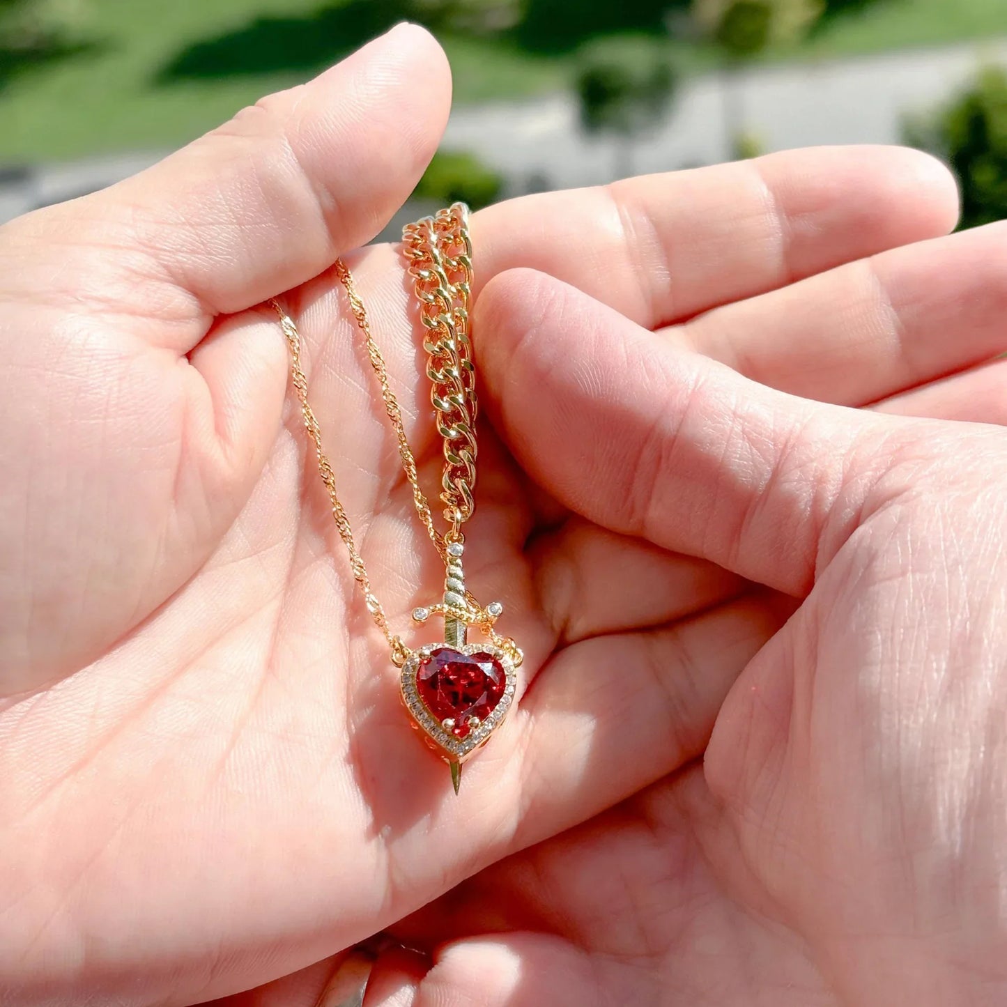 Creative Heart and Sword Couple Necklace Red Pink Heart Sword Necklace Fashion Accessories for Women Couple Gift Jewelry