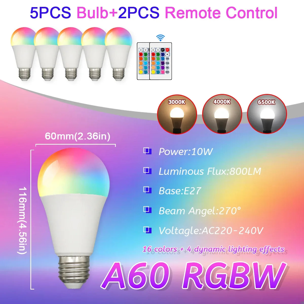 E27 RGB LED Light Bulb 220V 10W with IR Remote Control Color Changing Multicolor + White Lamp Spotlight for Bedroom Party Home