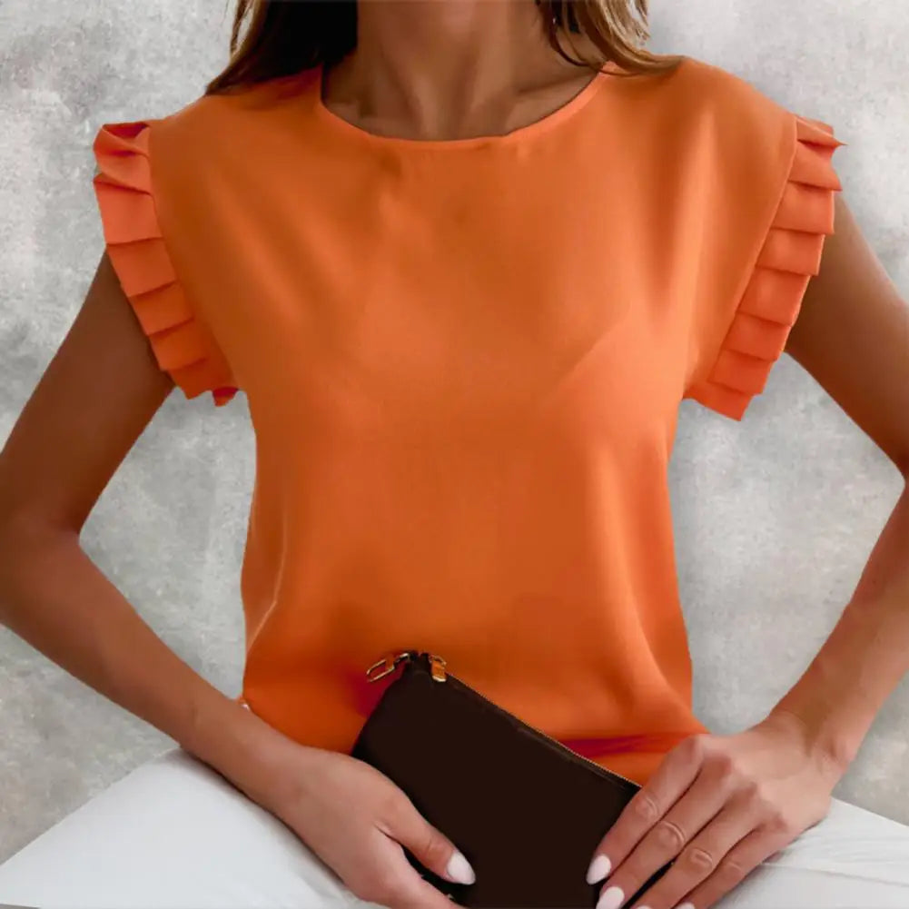 O-Neck Elegant Simple Lady Shirt Ruffle Short Sleeve Solid Color Summer Blouse Women's Tops Blusa Mujer Female Blusas