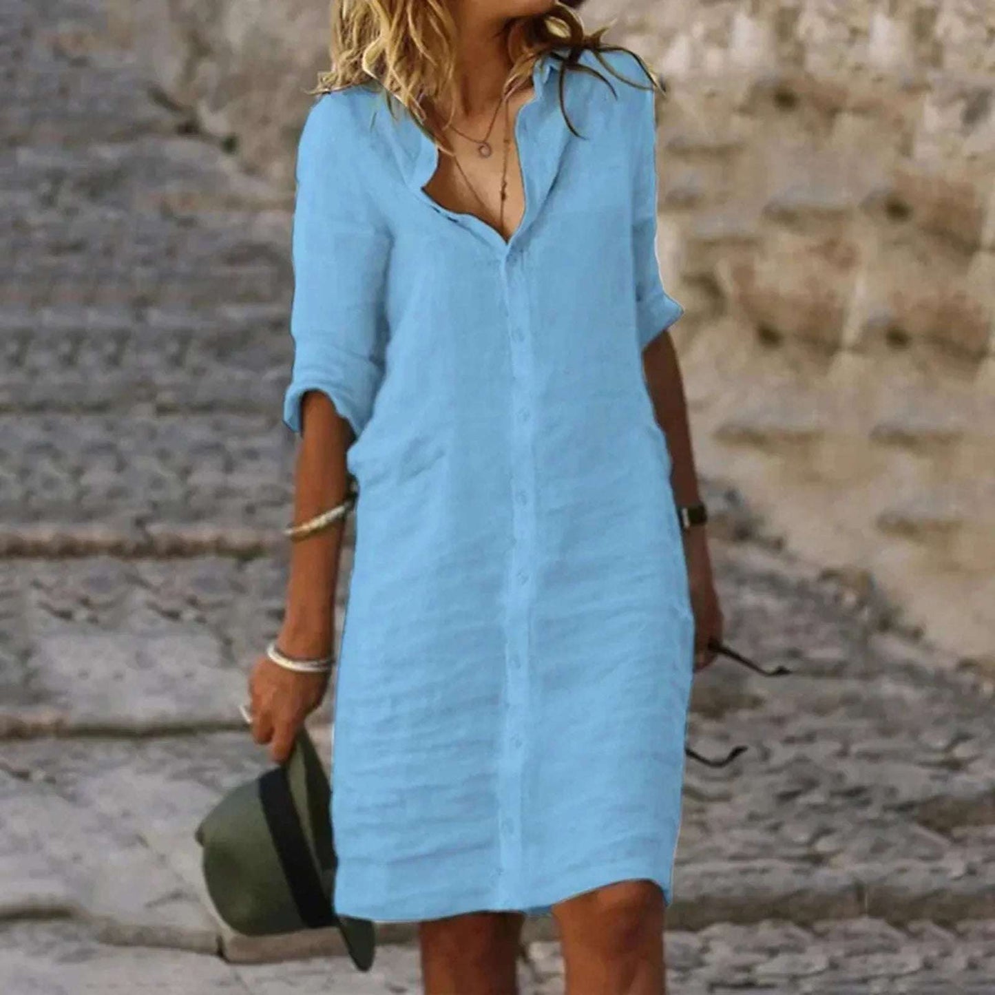 Summer Cotton Linen Shirt Dress Women Button Half Sleeve Casual Mini Dresses Women Elegant Loose Beach Party Dresses Vestidos