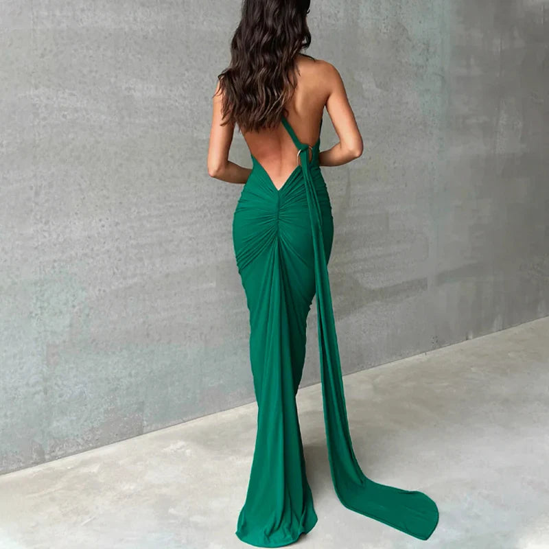 Hugcitar One Shoulder Backless Adjustable Scarf Loop Ruched Sexy Maxi Dress 2025 Women Elegant Y2K Streetwear Festival Outfit