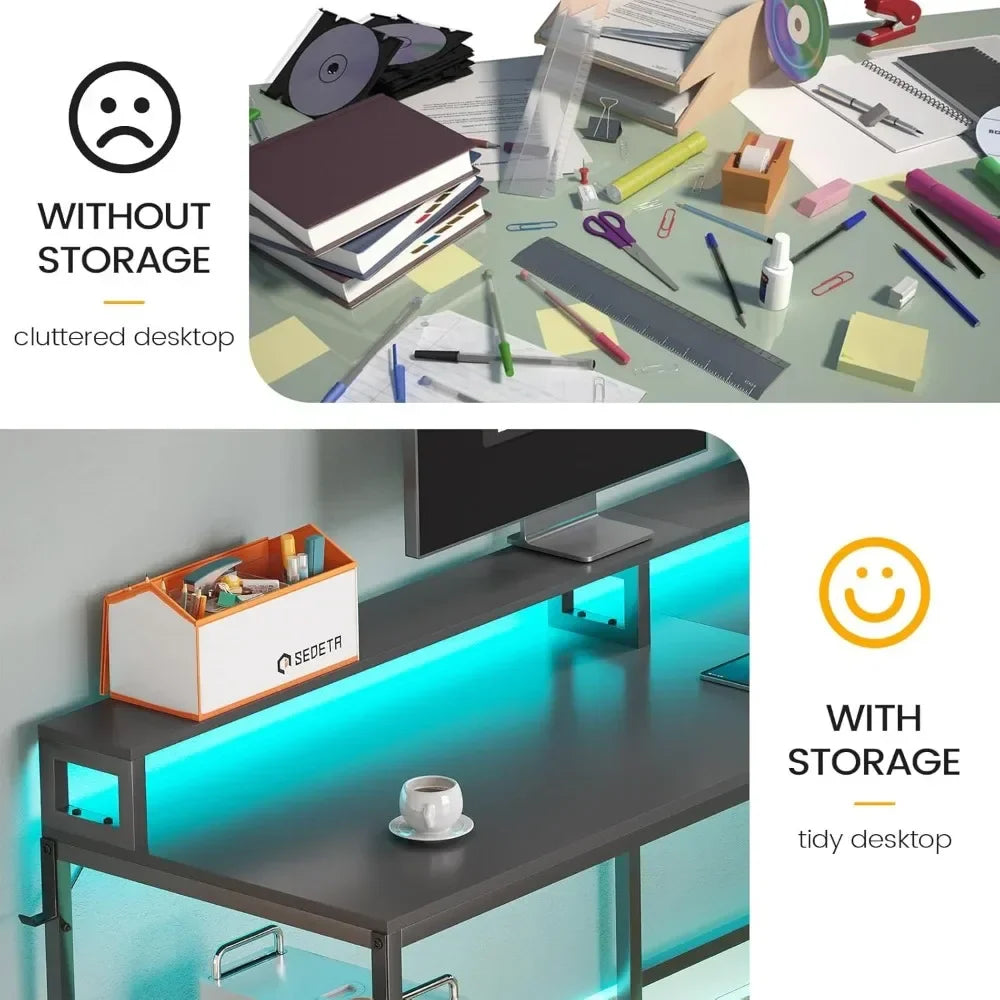 L Shaped Gaming Desk  with File Drawer Power Outlet Computer Desk  Led Lights