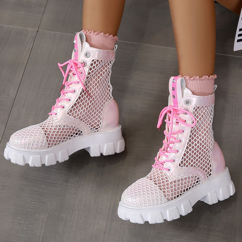 Sandal Boots Summer 2022 New Lace Up Hollow Out Breathable Heightening Girls Ankle Boots Fashion Mesh Women Sandals Plus Size 43
