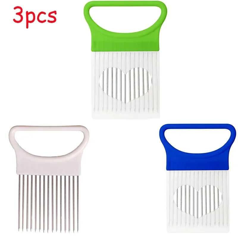 1/2/3/4pcs Effortlessly, Slice Onions with this 1pc Colorful Onion Slicer stainless steel potato chip onion holder.