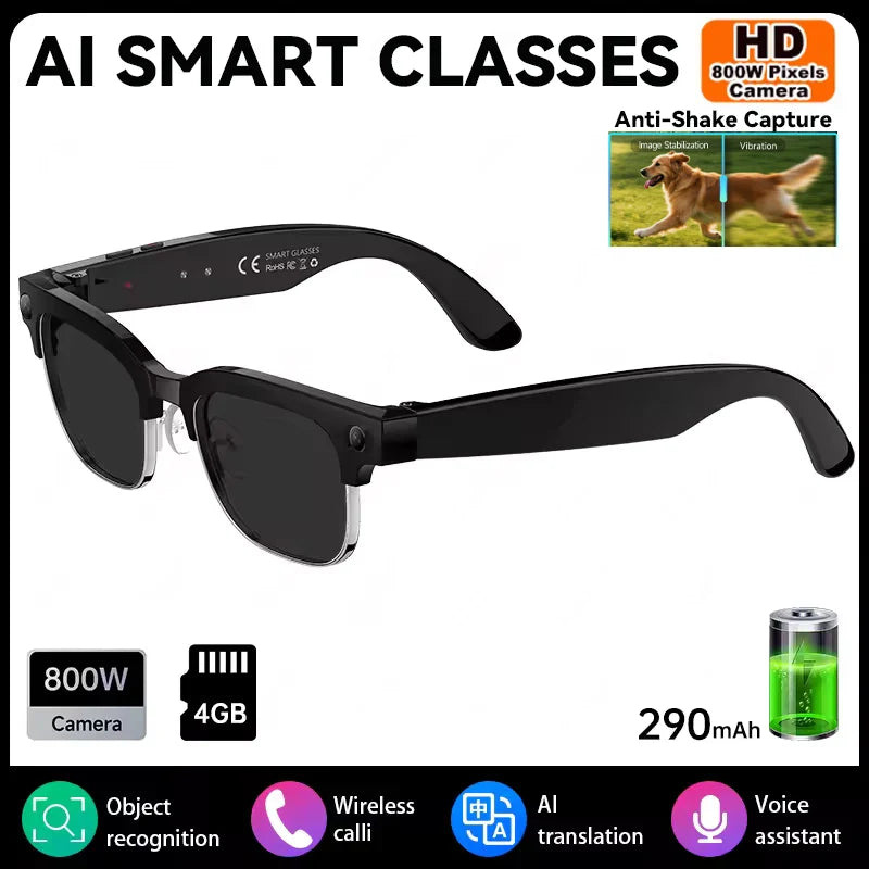 AI Smart Glasses 8MP Bluetooth, Waterproof ,IP66 with Video Recording, Photo Recognition, Translation, 290mAh Glasses for Everyday Use.