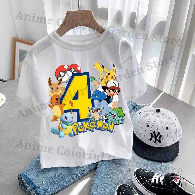 Anime Pokemons Kawaii T-shirts for Children Pikachu Cartoon Number Printed Short-sleeved Top Boys Girls Summer Fashion T-shirt