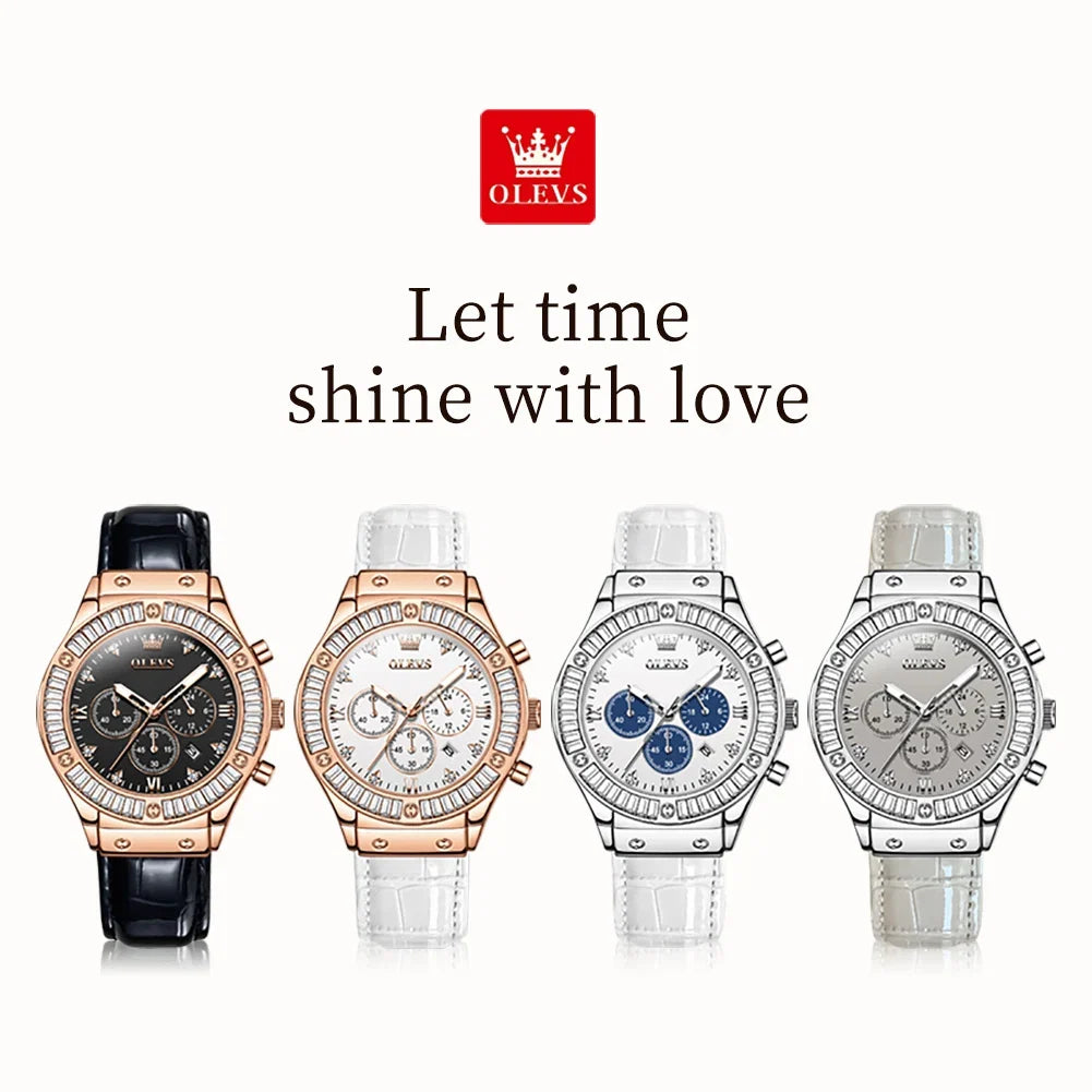 OLEVS 9978 Women Watch Original Quartz Watch Waterproof Leather Strap Multifunctional Chronograph Watch Bracelet Set Gifts Box